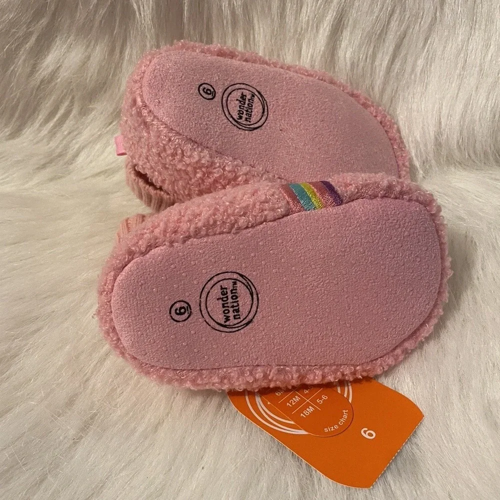 Wonder Nation Slippers Girl's Size 6 Pink Fuzzy Rainbow Bootie Shoes 18 Months